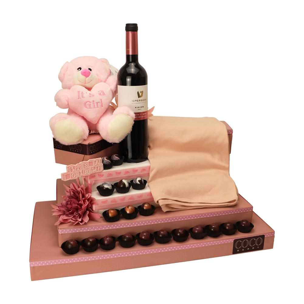 Pink teddy and wine arrangement